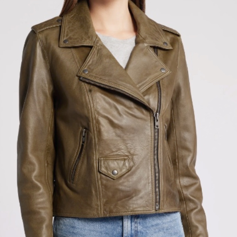 Treasure & Bond Olive Leather Moto Jacket Size Medium M